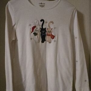 White Long Sleeve Cat Print Tee